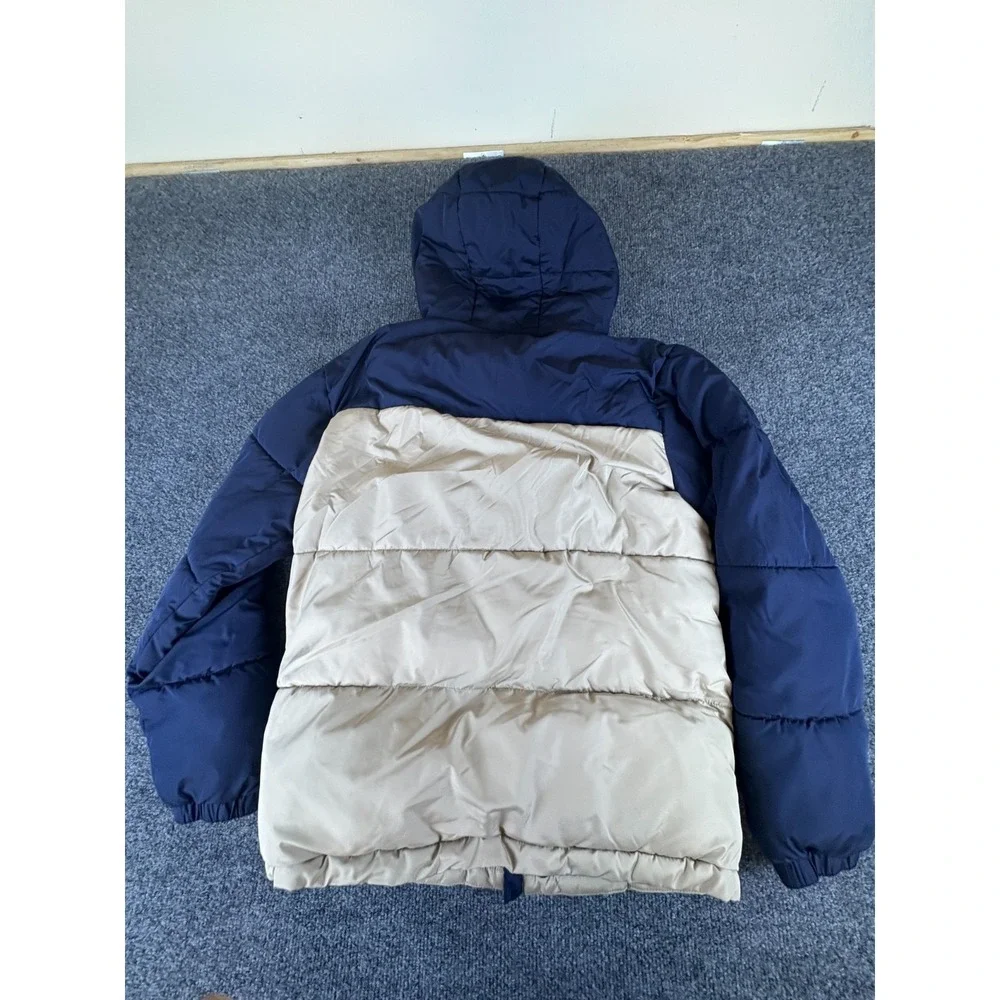 Old Navy Puffer Jacket Boys XL 14-16‎ Blue Beige Full Zip Hooded Water Resistant
